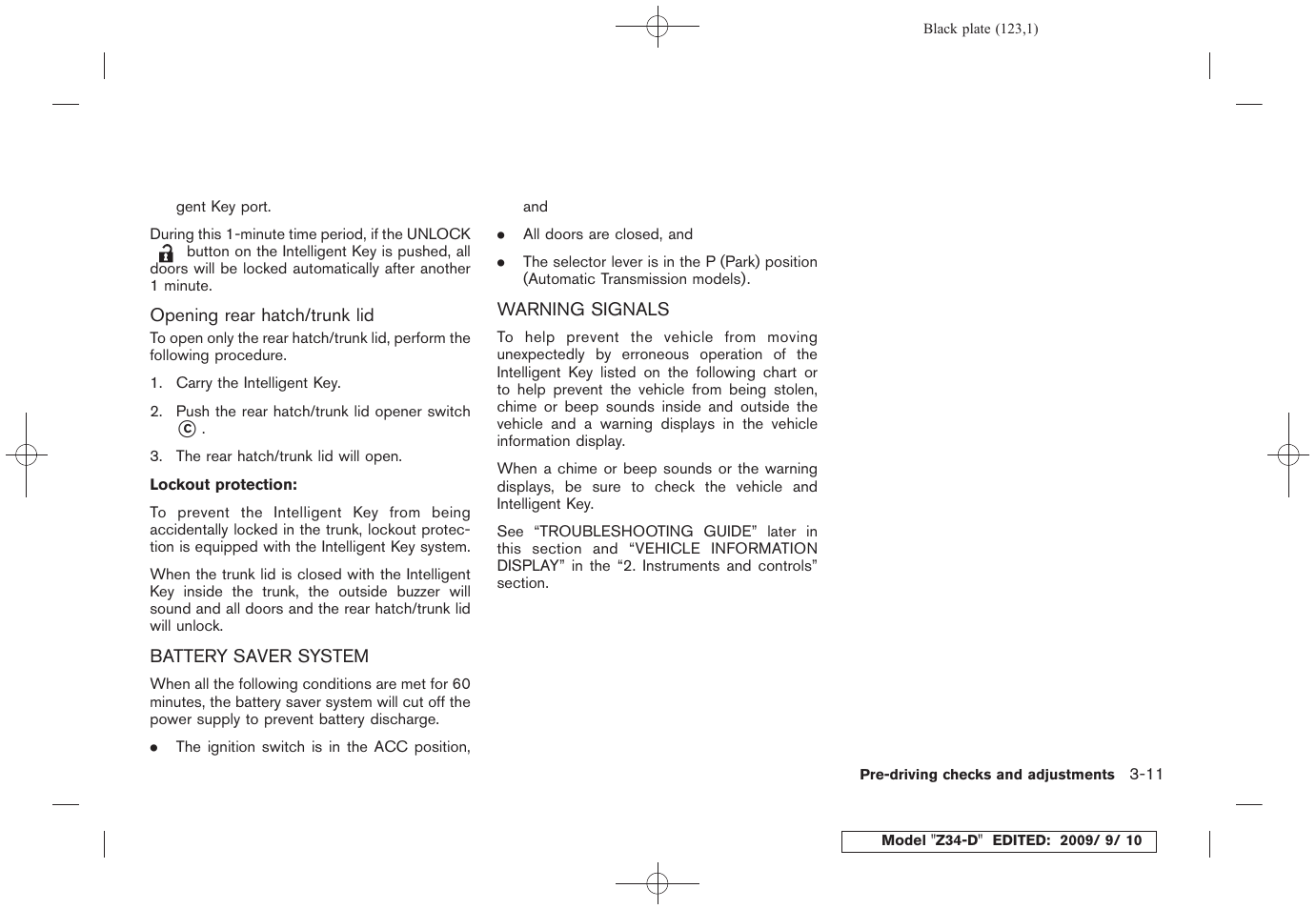 Battery saver system -11 warning signals -11 | NISSAN 2010 Z Coupe User Manual | Page 123 / 409