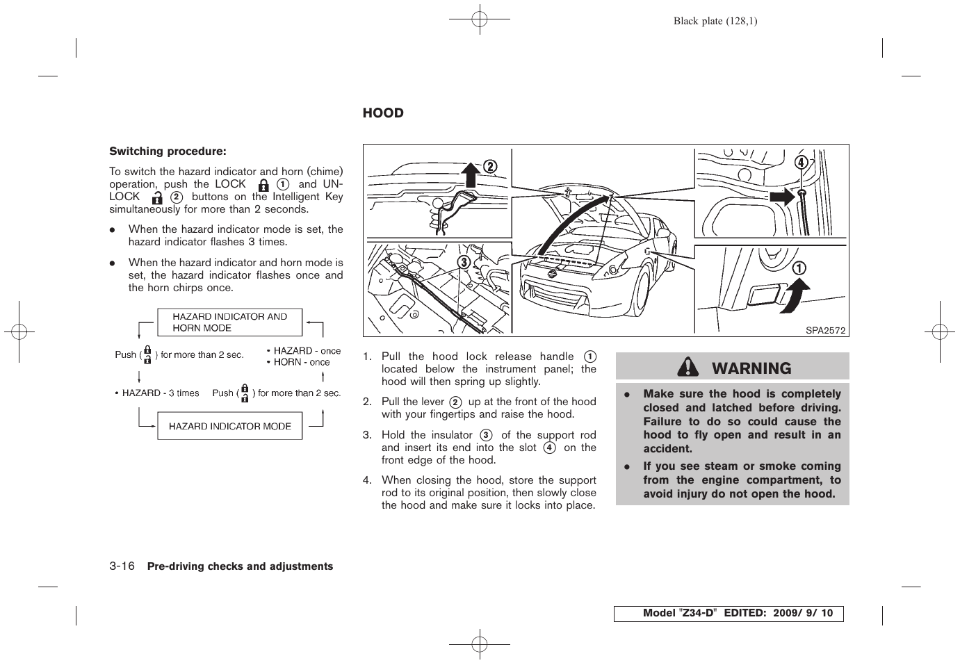 Hood -16, Warning | NISSAN 2010 Z Coupe User Manual | Page 128 / 409