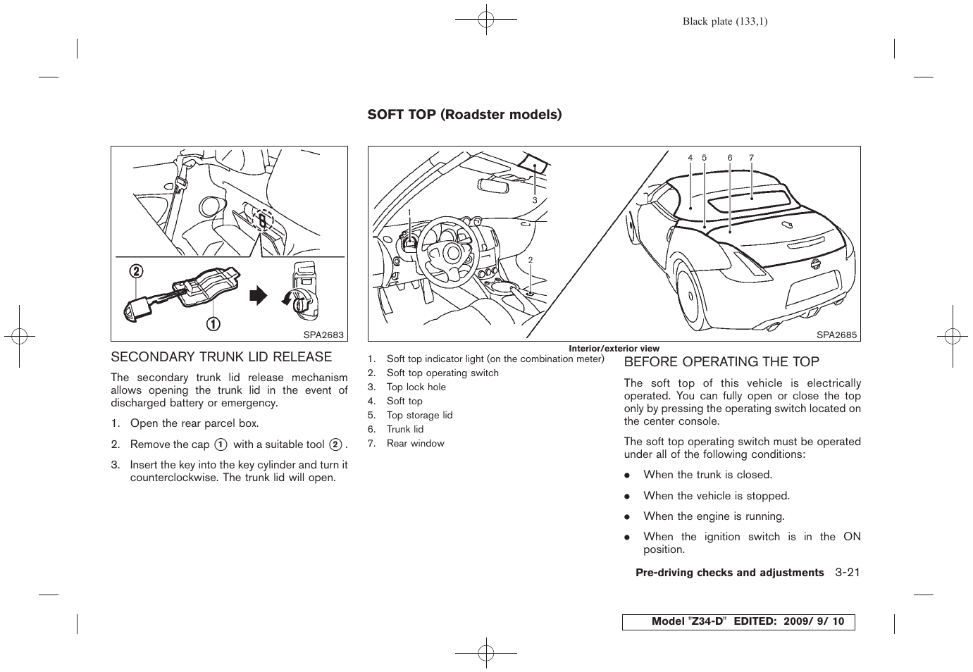 Secondary trunk lid release -21, Soft top (roadster models) -21, Before operating the top -21 | NISSAN 2010 Z Coupe User Manual | Page 133 / 409