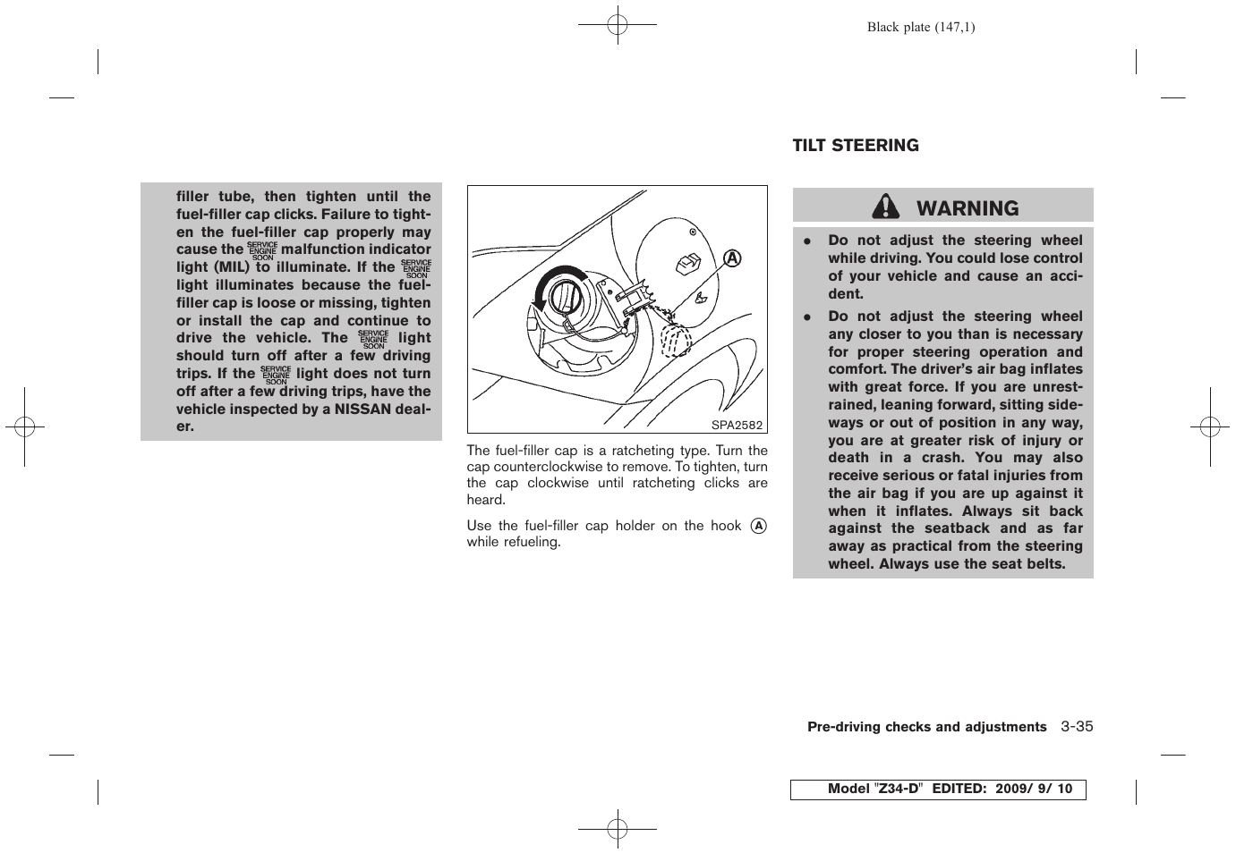 Tilt steering -35, Warning | NISSAN 2010 Z Coupe User Manual | Page 147 / 409