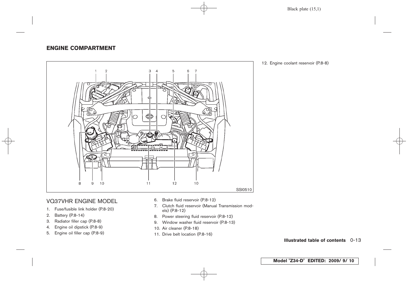 Engine compartment -13, Vq37vhr engine model -13 | NISSAN 2010 Z Coupe User Manual | Page 19 / 409