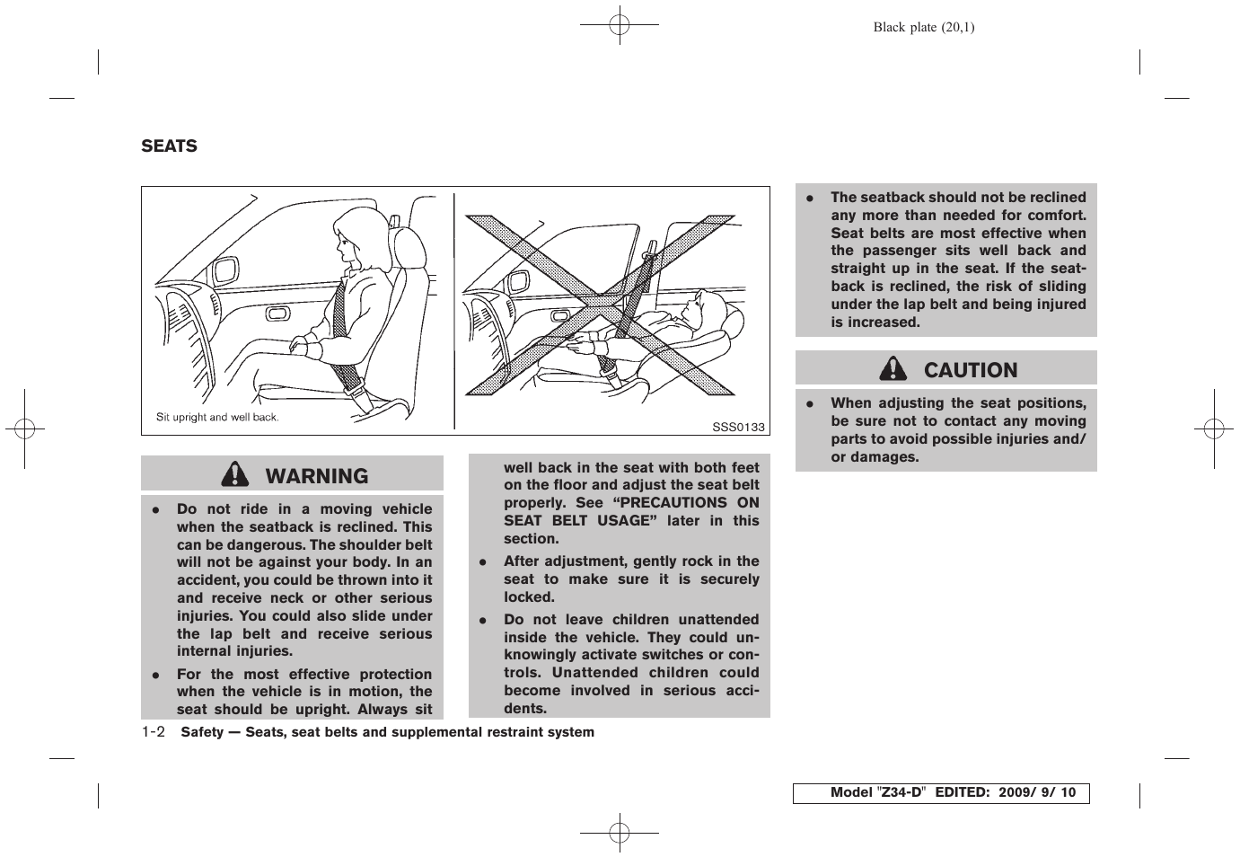 Seats -2, Warning, Caution | NISSAN 2010 Z Coupe User Manual | Page 22 / 409