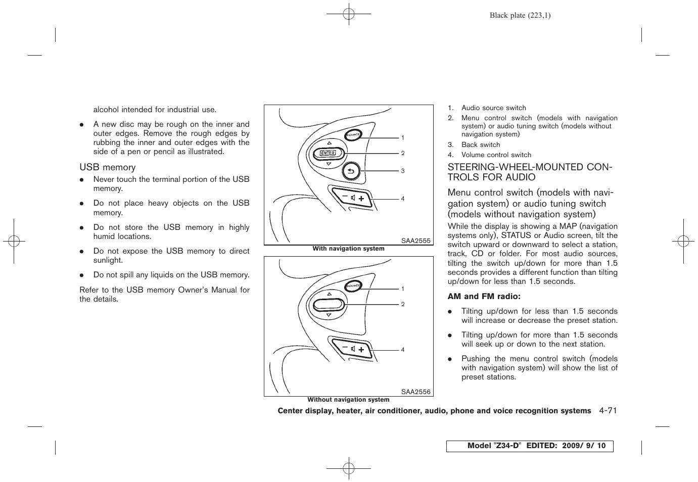 Steering-wheel-mounted controls for audio -71 | NISSAN 2010 Z Coupe User Manual | Page 223 / 409