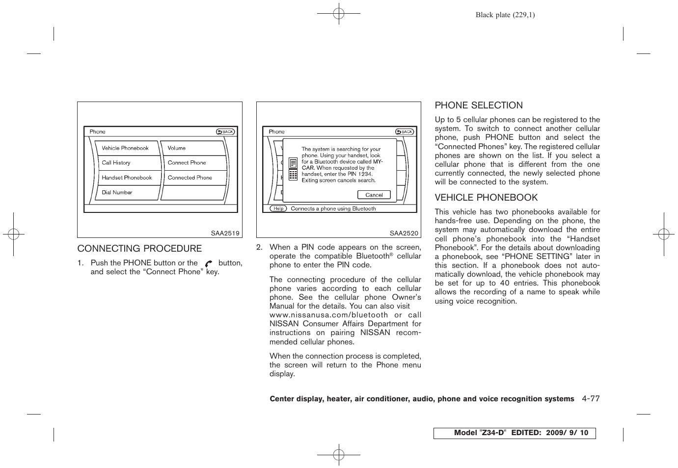 Connecting procedure -77 phone selection -77 | NISSAN 2010 Z Coupe User Manual | Page 229 / 409