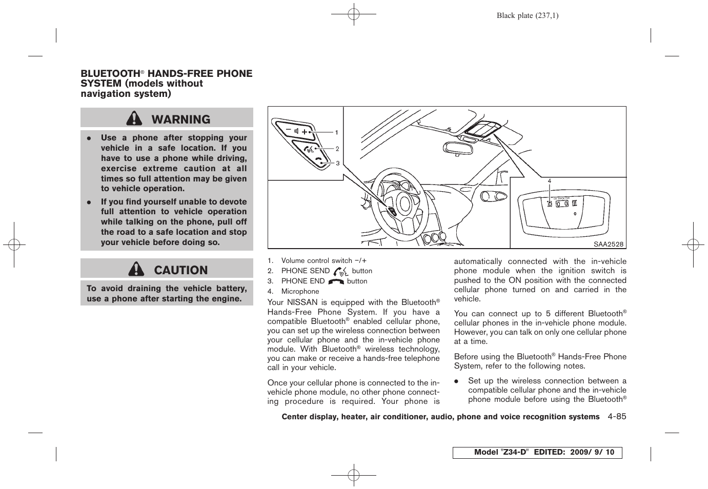 Bluetooth, Hands-free phone system, Models without navigation system) -85 | Warning, Caution | NISSAN 2010 Z Coupe User Manual | Page 237 / 409