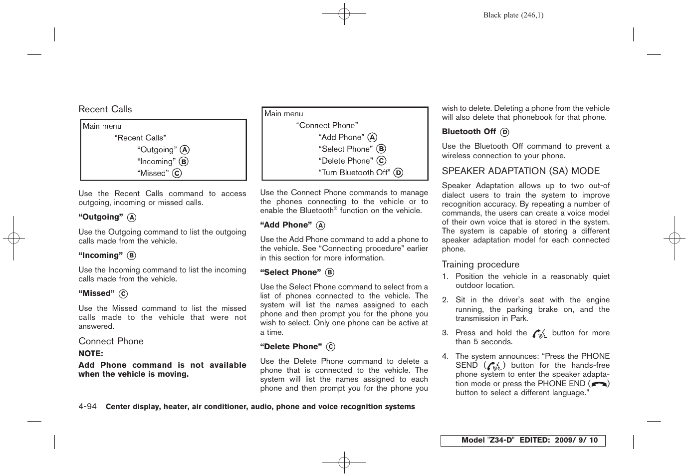 Speaker adaptation (sa) mode -94 | NISSAN 2010 Z Coupe User Manual | Page 246 / 409