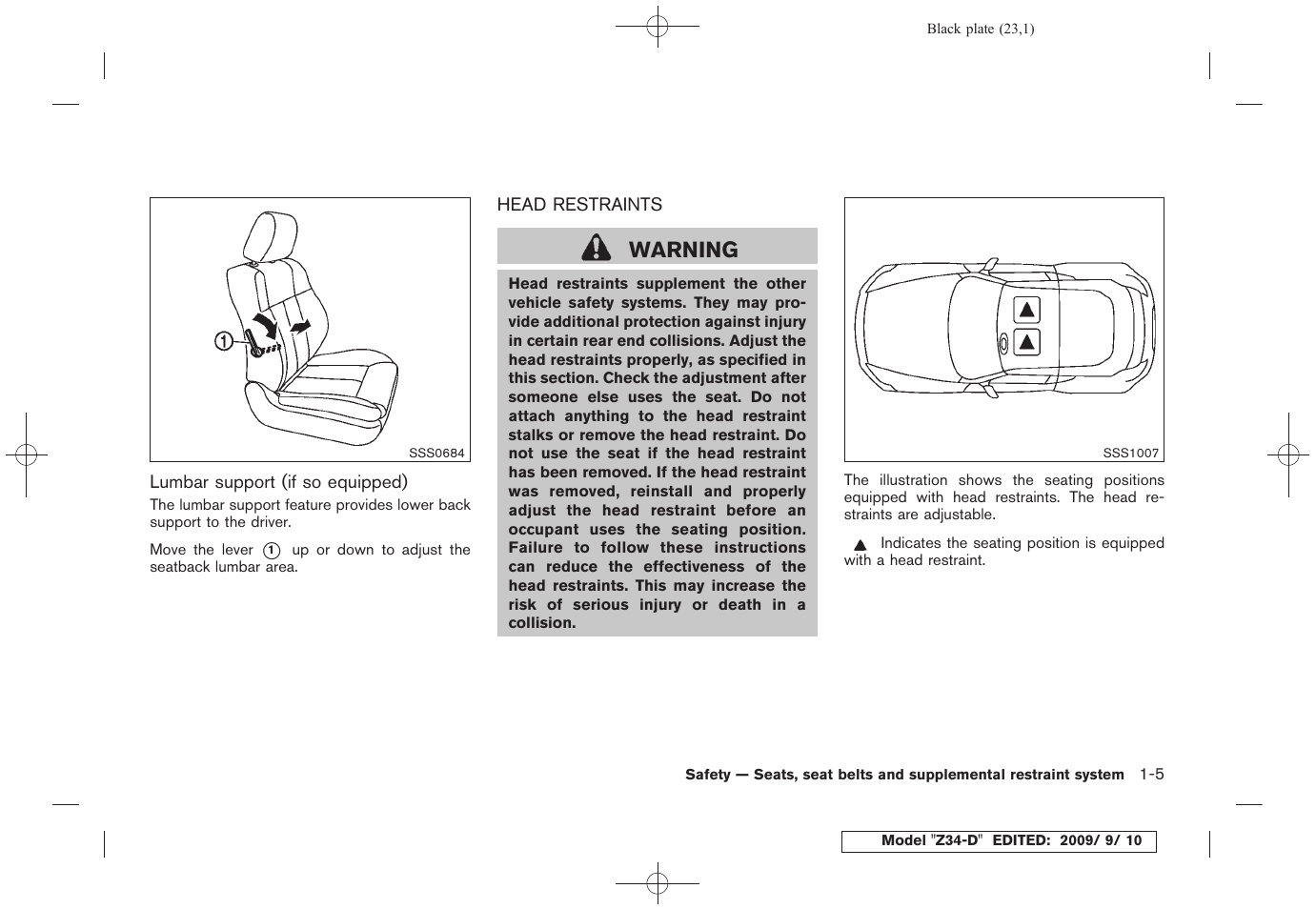 Head restraints -5, Warning | NISSAN 2010 Z Coupe User Manual | Page 25 / 409