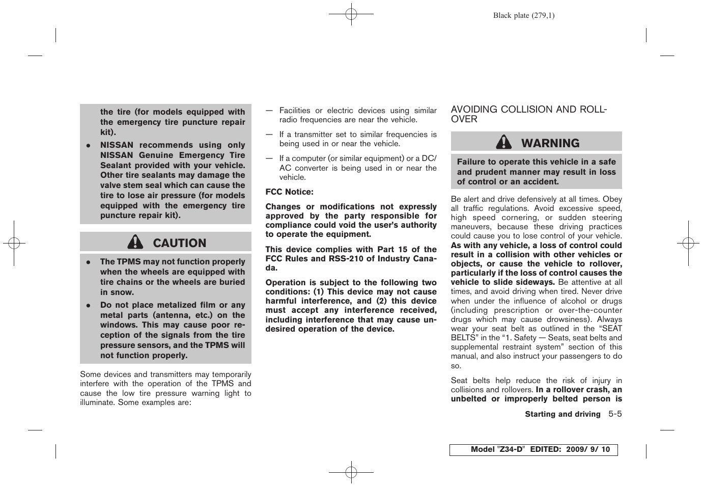 Avoiding collision and rollover -5, Caution, Warning | NISSAN 2010 Z Coupe User Manual | Page 279 / 409