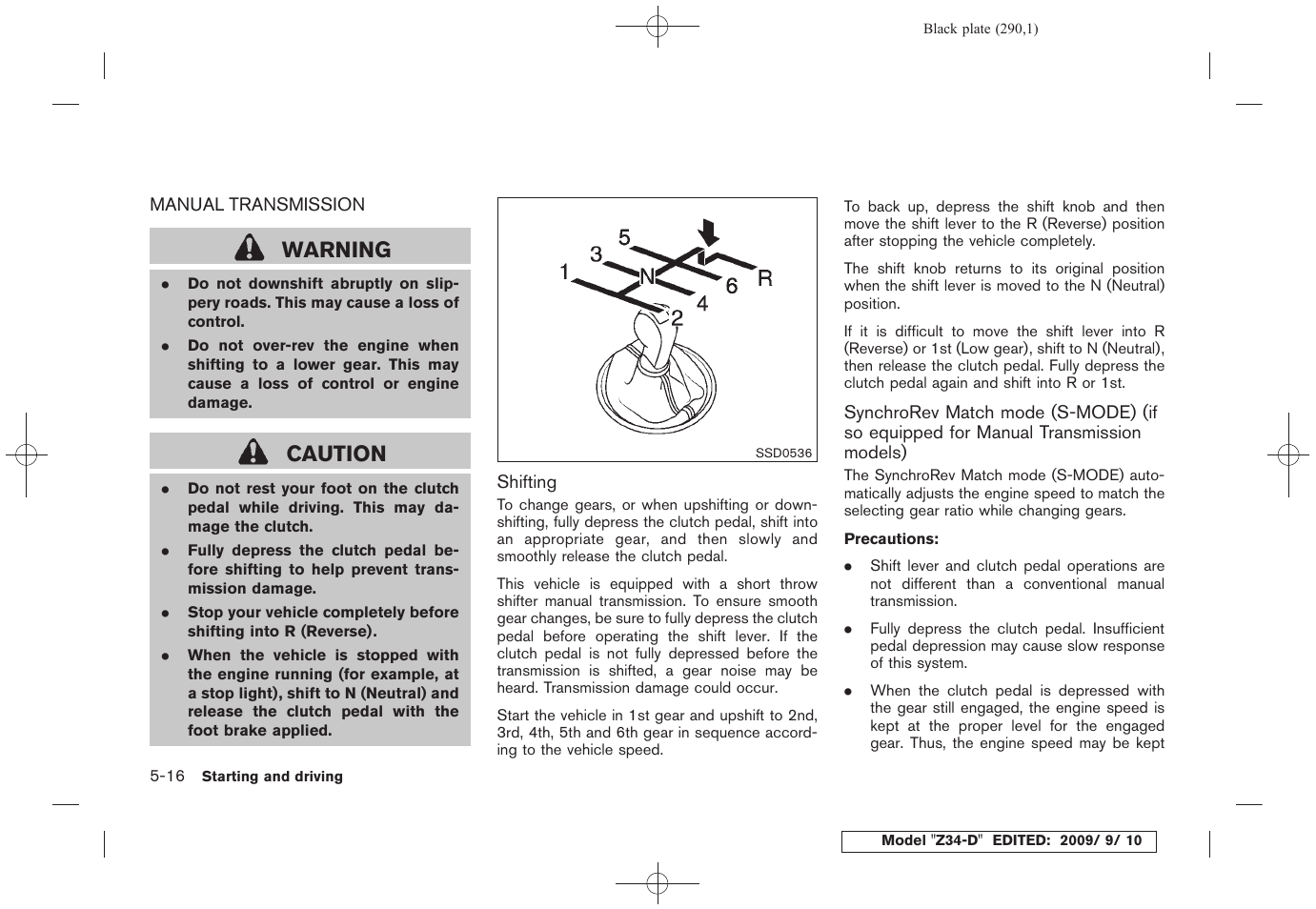Manual transmission -16, Warning, Caution | NISSAN 2010 Z Coupe User Manual | Page 290 / 409