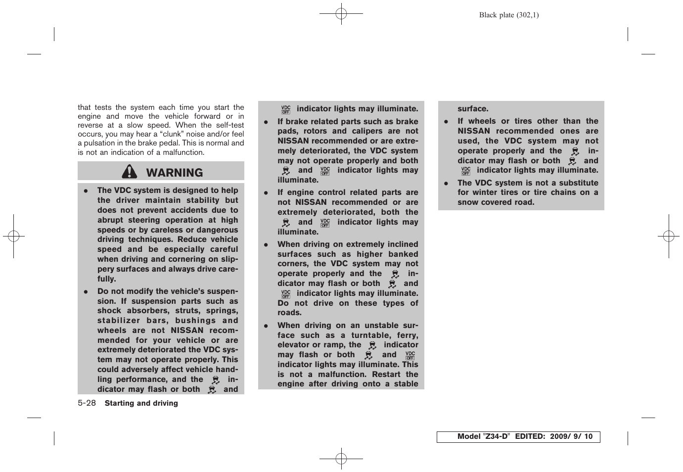 Warning | NISSAN 2010 Z Coupe User Manual | Page 302 / 409