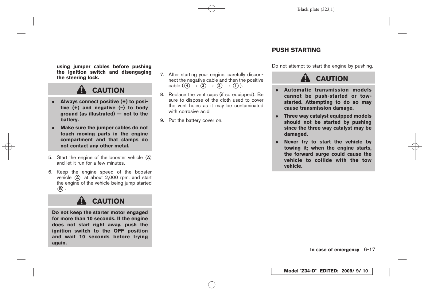 Push starting -17, Caution | NISSAN 2010 Z Coupe User Manual | Page 323 / 409