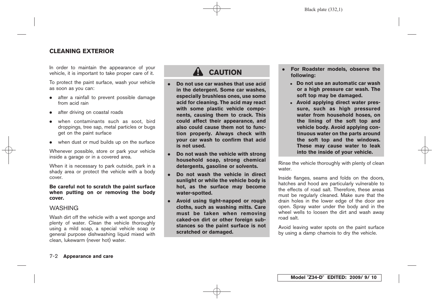 Cleaning exterior -2, Washing -2, Caution | NISSAN 2010 Z Coupe User Manual | Page 332 / 409