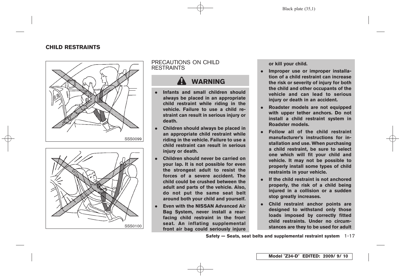 Child restraints -17, Precautions on child restraints -17, Warning | NISSAN 2010 Z Coupe User Manual | Page 37 / 409