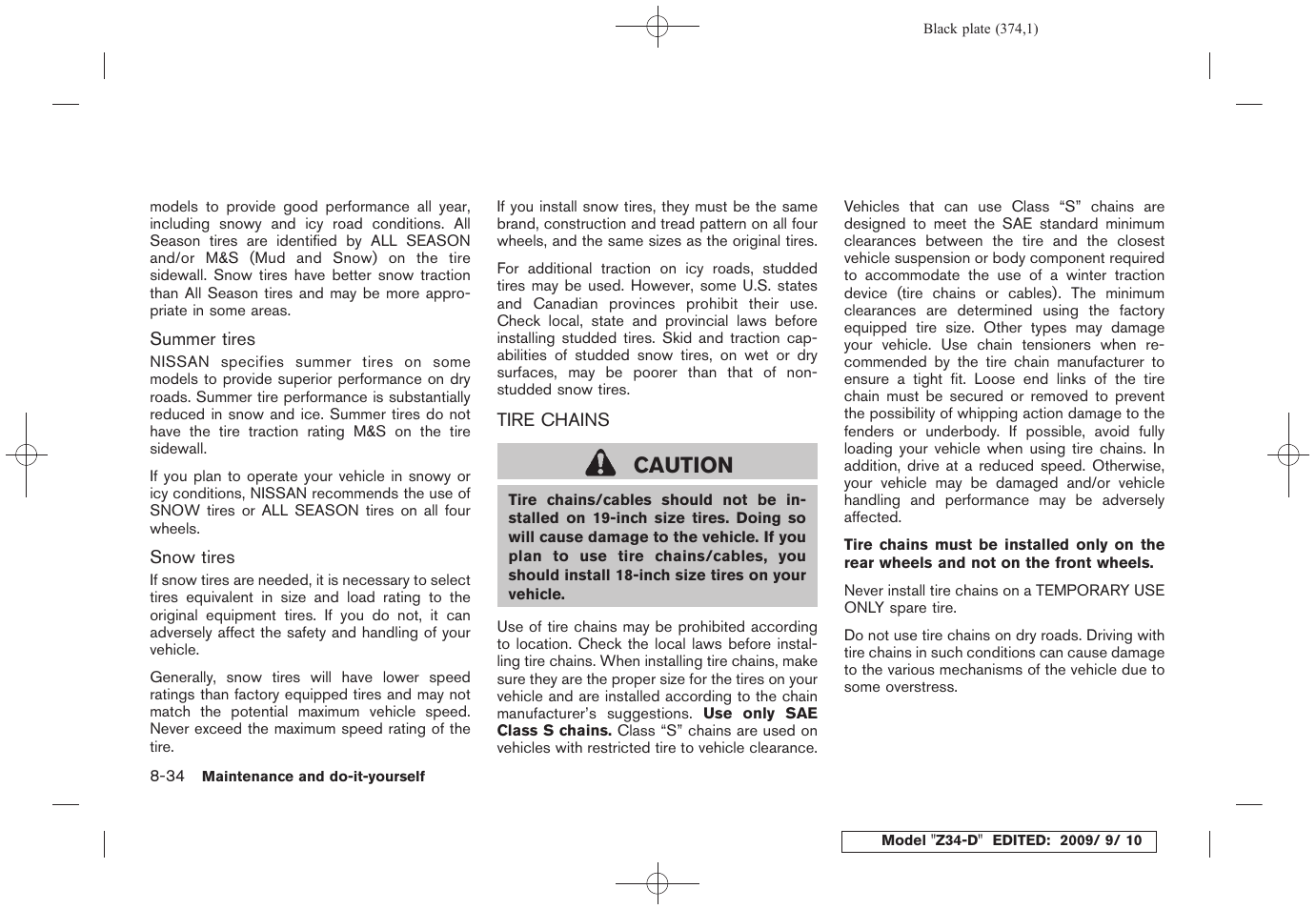 Tire chains -34, Caution | NISSAN 2010 Z Coupe User Manual | Page 372 / 409