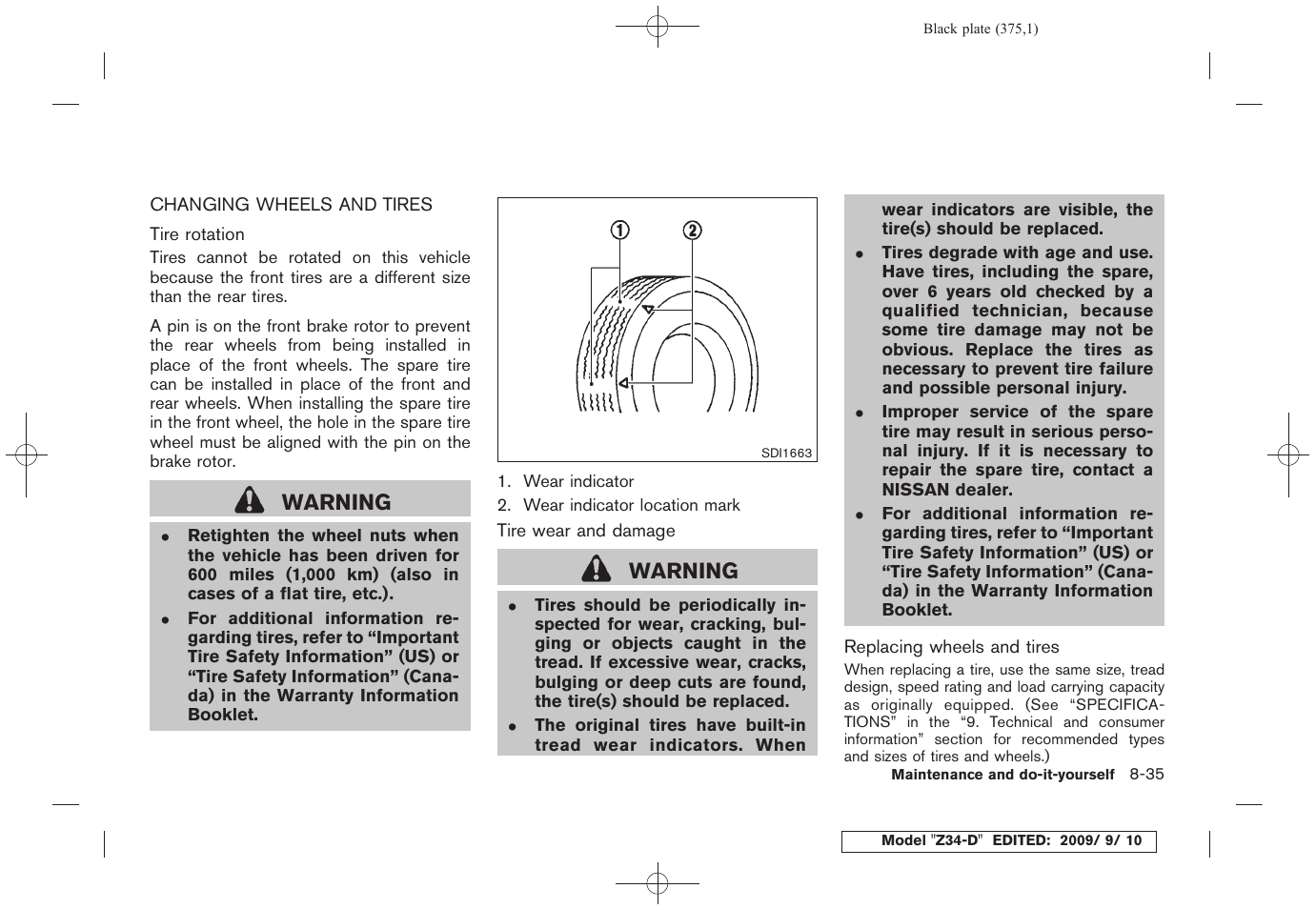 Changing wheels and tires -35, Warning | NISSAN 2010 Z Coupe User Manual | Page 373 / 409