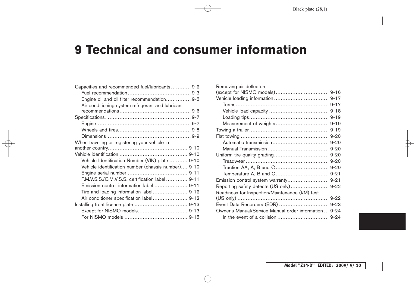 Technical and consumer information, 9 technical and consumer information | NISSAN 2010 Z Coupe User Manual | Page 377 / 409