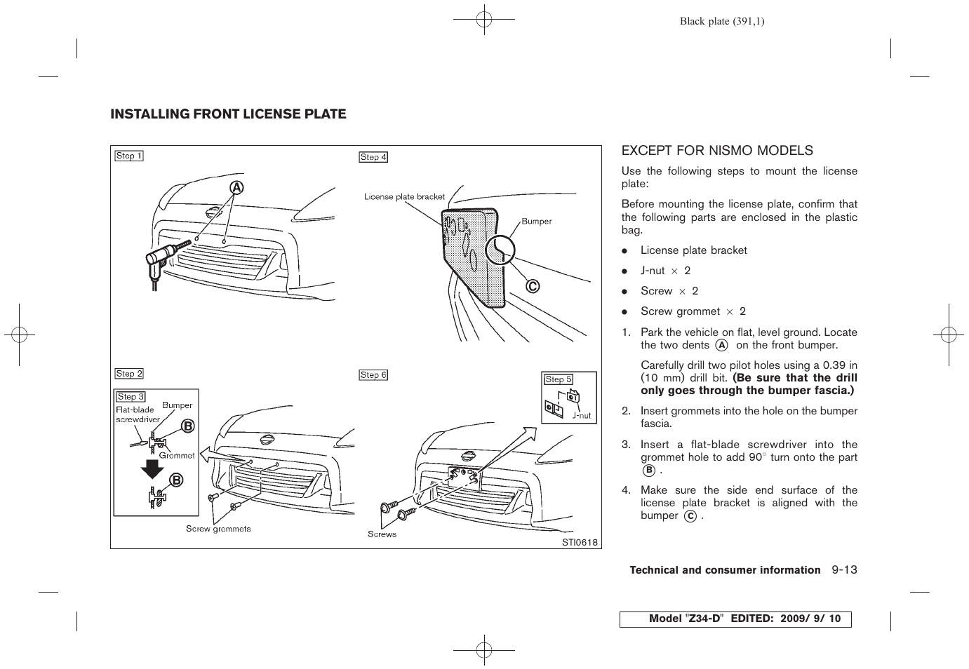 Installing front license plate -13, Except for nismo models -13 | NISSAN 2010 Z Coupe User Manual | Page 389 / 409