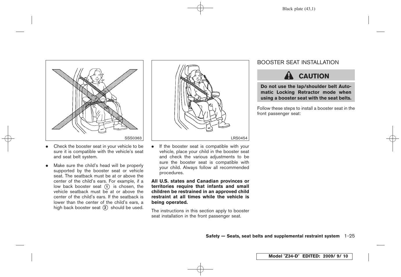 Booster seat installation -25, Caution | NISSAN 2010 Z Coupe User Manual | Page 45 / 409