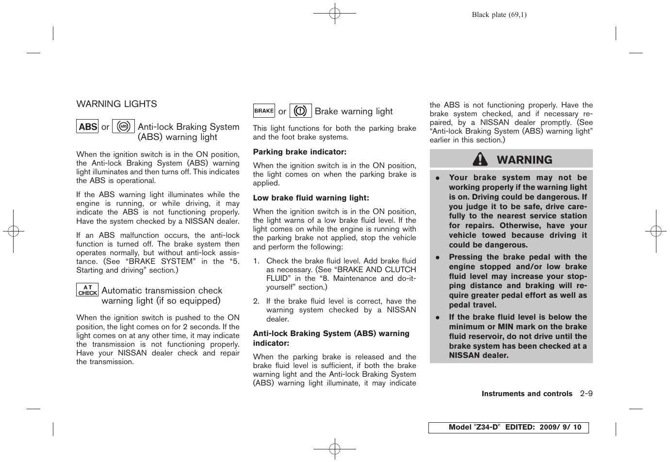 Warning lights -9, Warning | NISSAN 2010 Z Coupe User Manual | Page 71 / 409