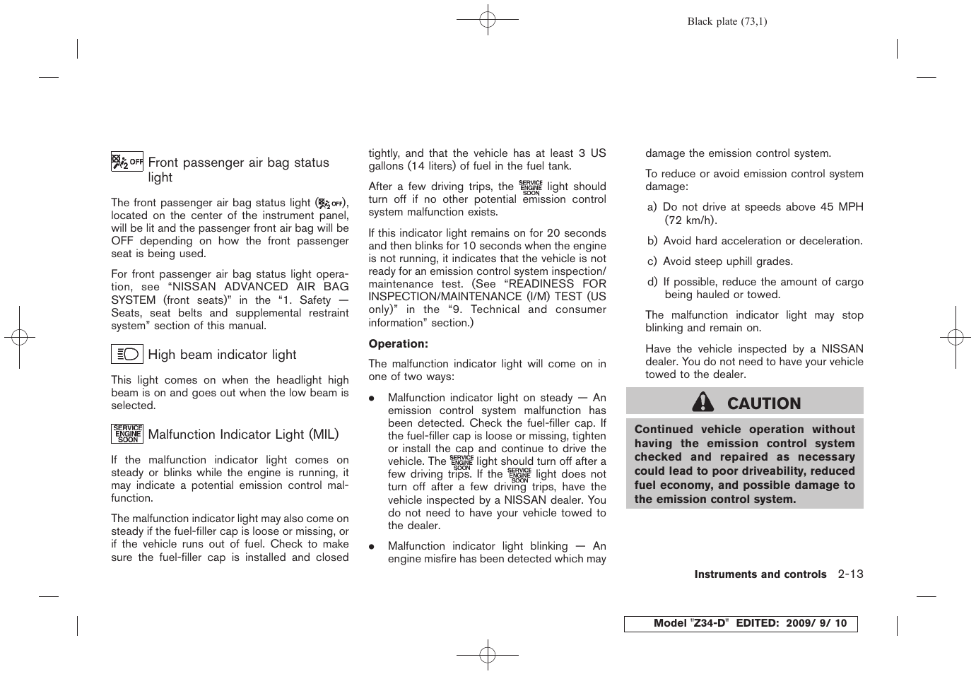 Caution | NISSAN 2010 Z Coupe User Manual | Page 75 / 409