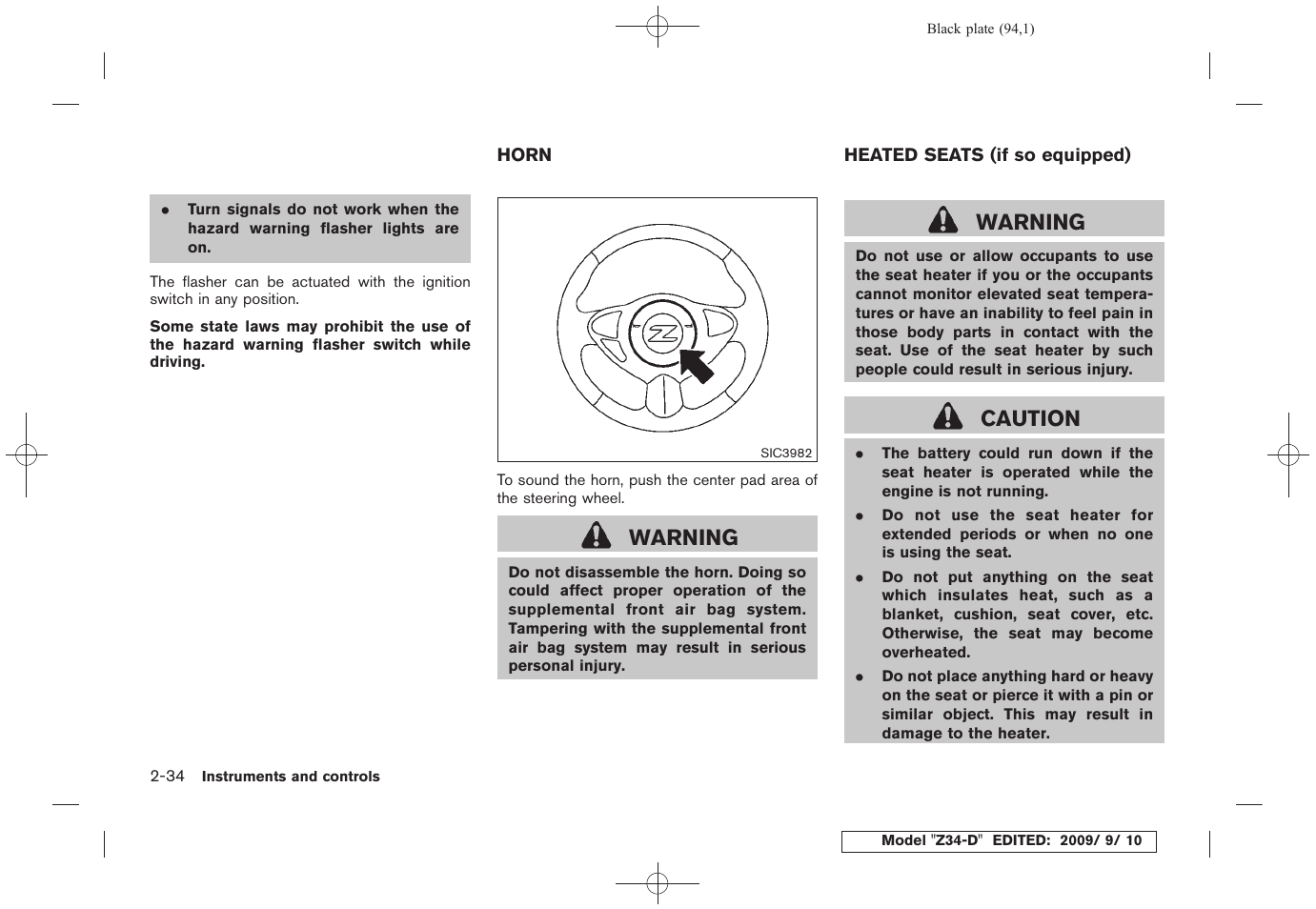 Horn -34 heated seats (if so equipped) -34, Warning, Caution | NISSAN 2010 Z Coupe User Manual | Page 96 / 409