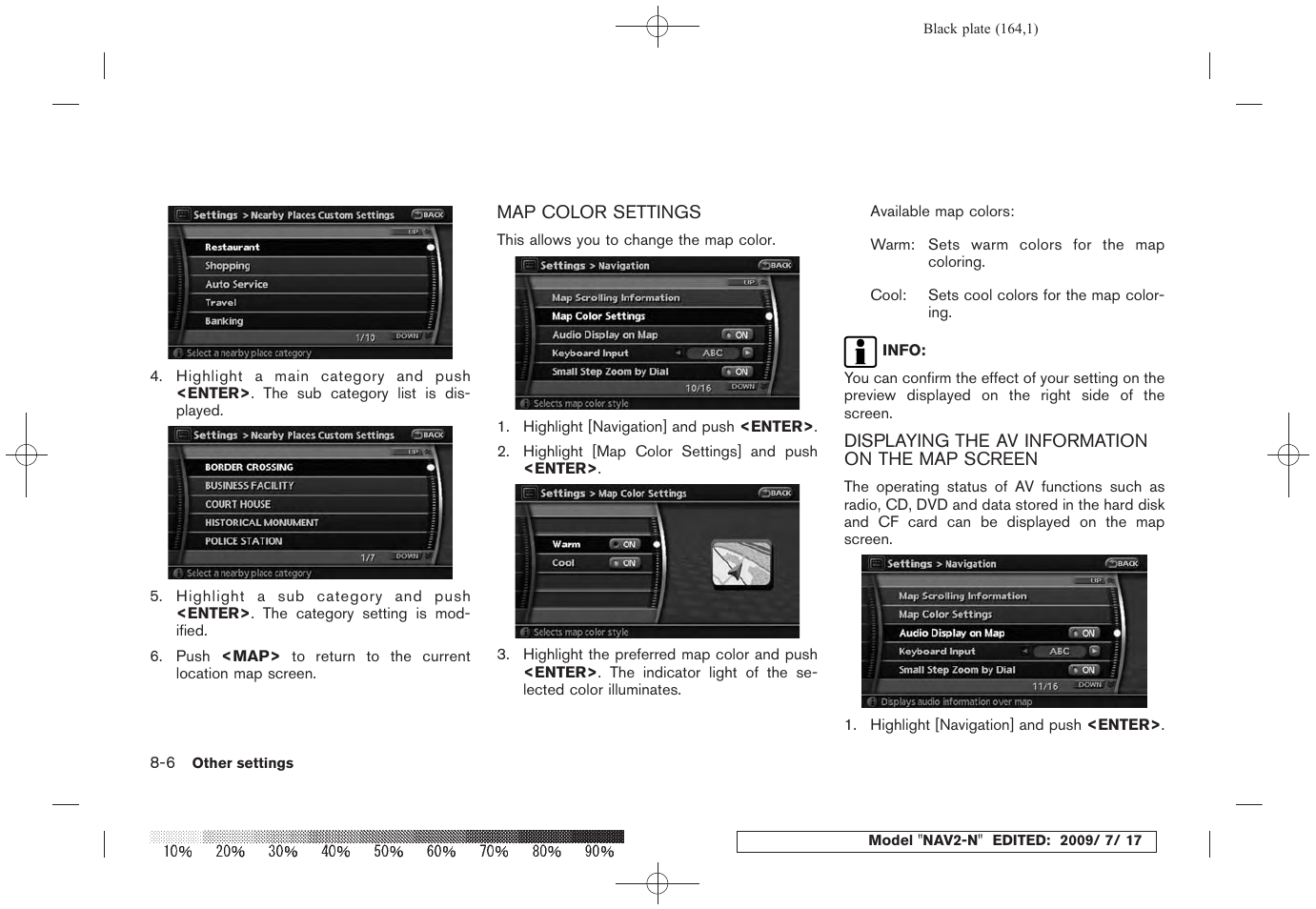 Map color settings -6, Displaying the av information on the map screen -6 | NISSAN 2010 Pathfinder User Manual | Page 157 / 234