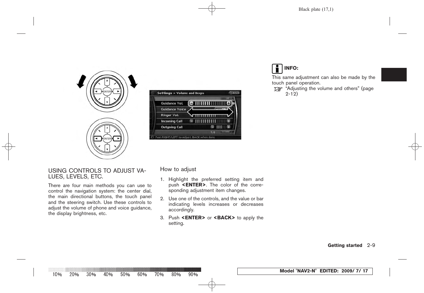 Using controls to adjust values, levels, etc -9 | NISSAN 2010 Pathfinder User Manual | Page 16 / 234