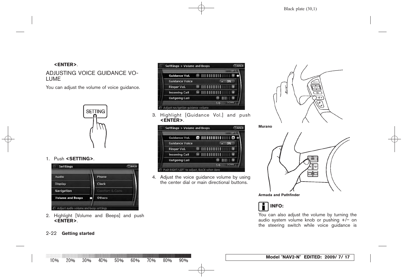 Adjusting voice guidance volume -22 | NISSAN 2010 Pathfinder User Manual | Page 29 / 234