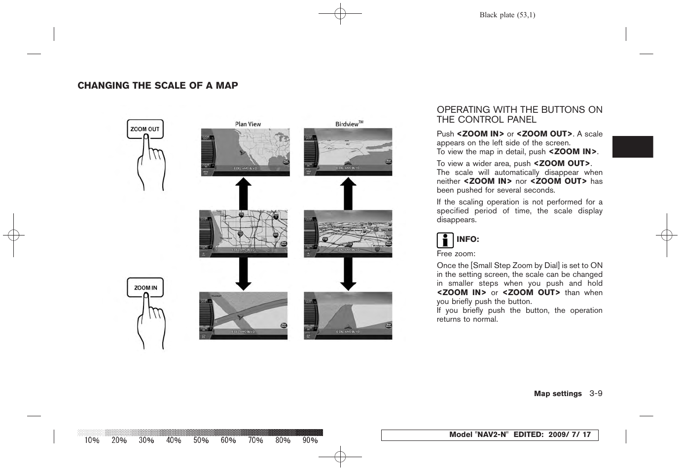 Changing the scale of a map -9, Operating with the buttons on the control panel -9 | NISSAN 2010 Pathfinder User Manual | Page 50 / 234