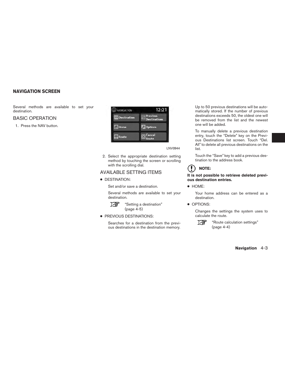 Navigation screen -3, Basic operation -3 available setting items -3 | NISSAN 2010 Versa User Manual | Page 28 / 79