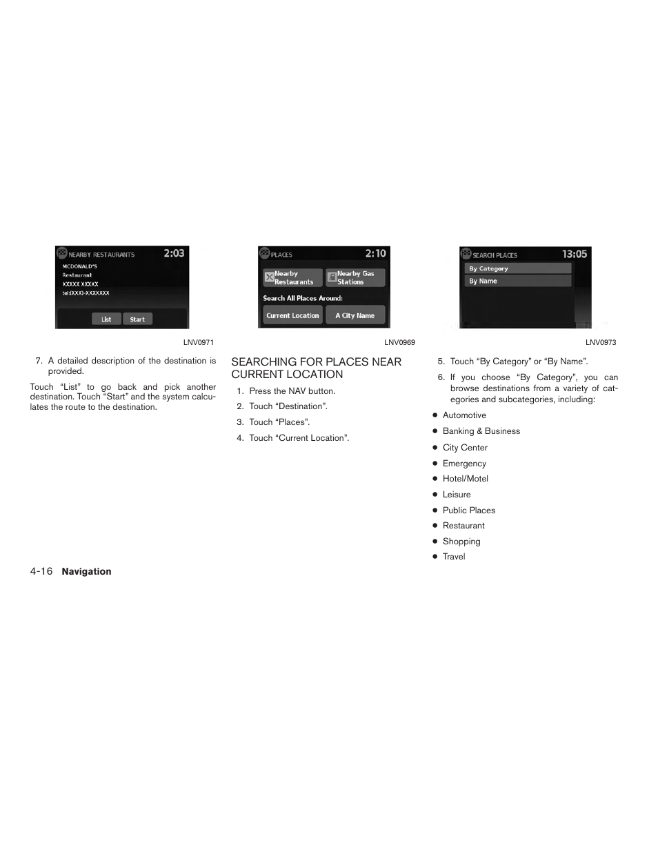 Searching for places near current location -16 | NISSAN 2010 Versa User Manual | Page 41 / 79