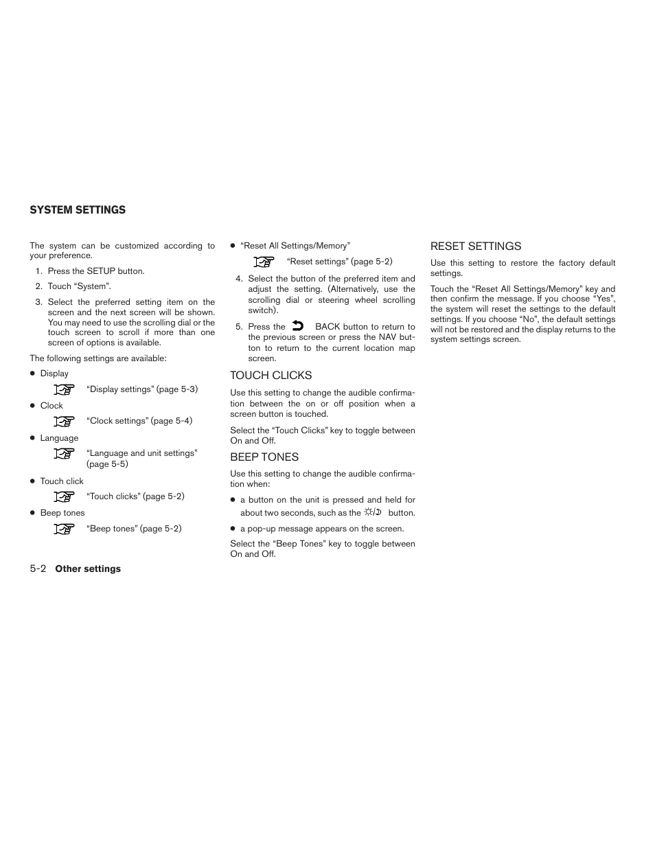 System settings -2, Touch clicks -2 beep tones -2 reset settings -2 | NISSAN 2010 Versa User Manual | Page 59 / 79