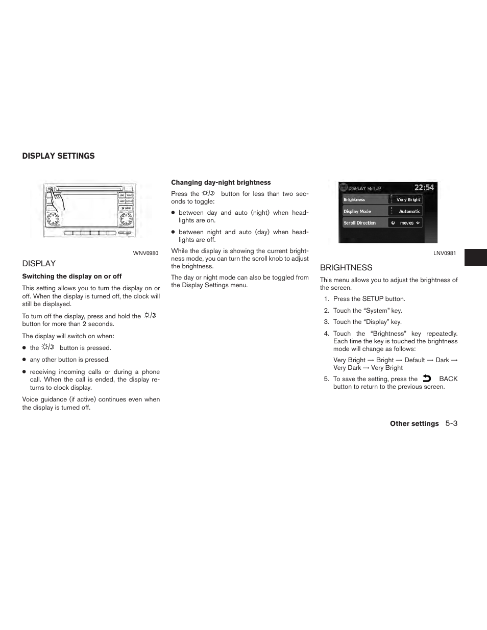 Display settings -3, Display -3 brightness -3 | NISSAN 2010 Versa User Manual | Page 60 / 79