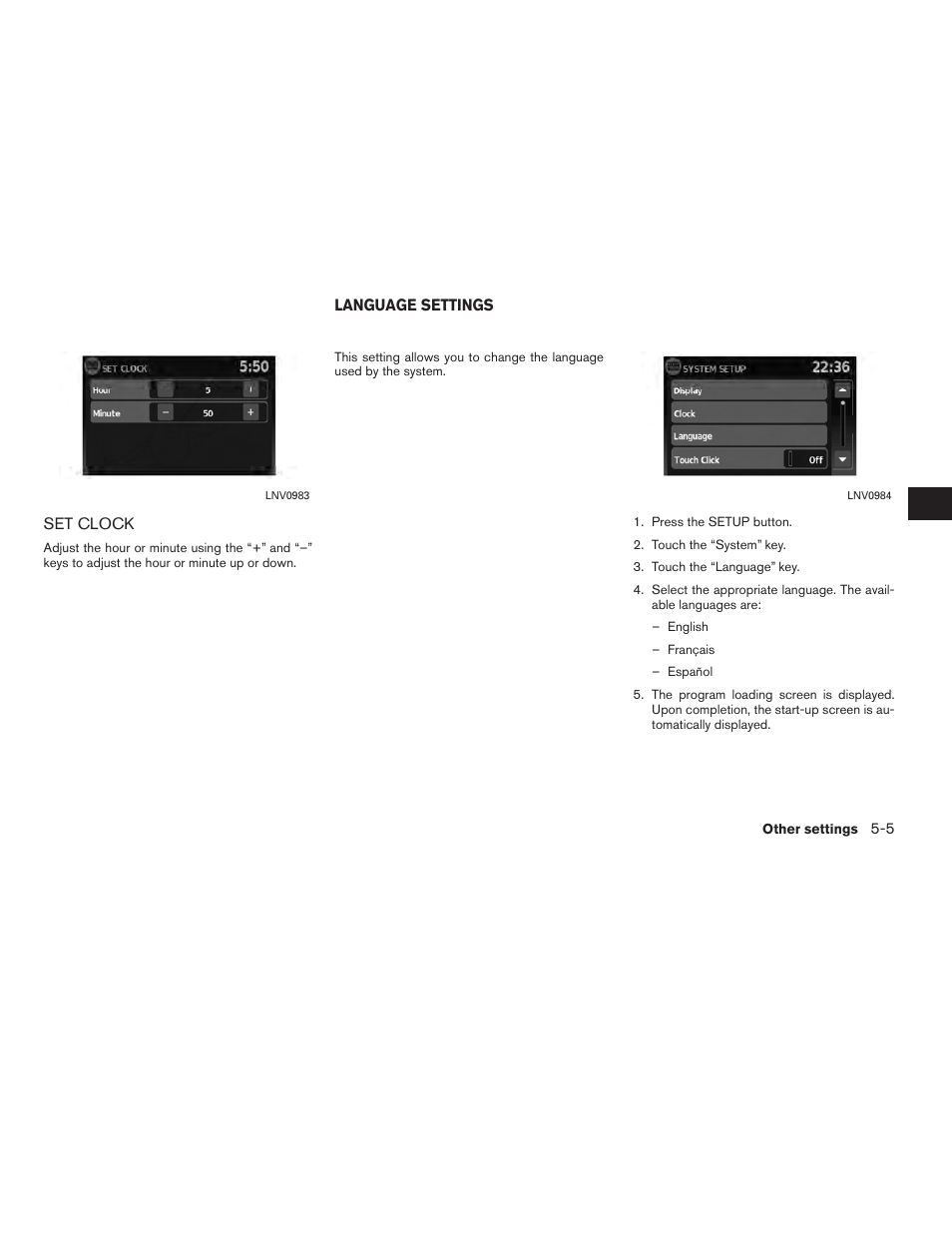 Set clock -5, Language settings -5 | NISSAN 2010 Versa User Manual | Page 62 / 79