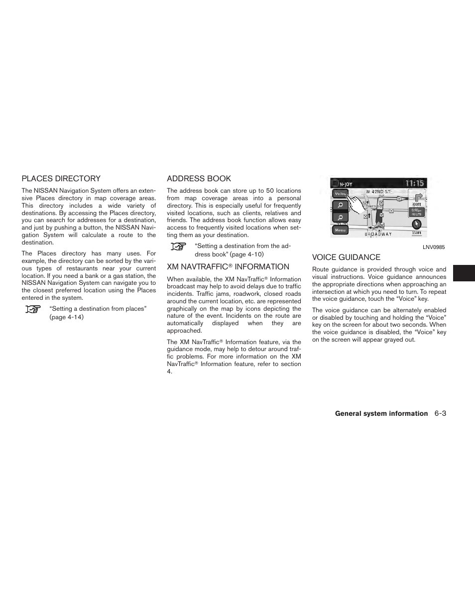 Places directory -3 address book -3 xm navtraffic, Information -3, Voice guidance -3 | NISSAN 2010 Versa User Manual | Page 66 / 79