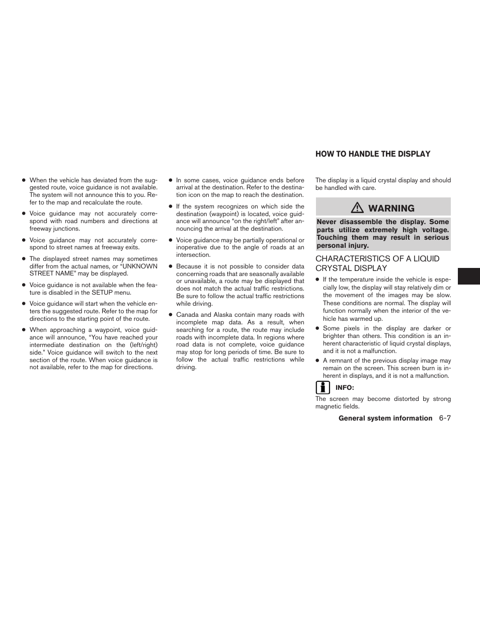 How to handle the display -7, Characteristics of a liquid crystal display -7, Warning | NISSAN 2010 Versa User Manual | Page 70 / 79