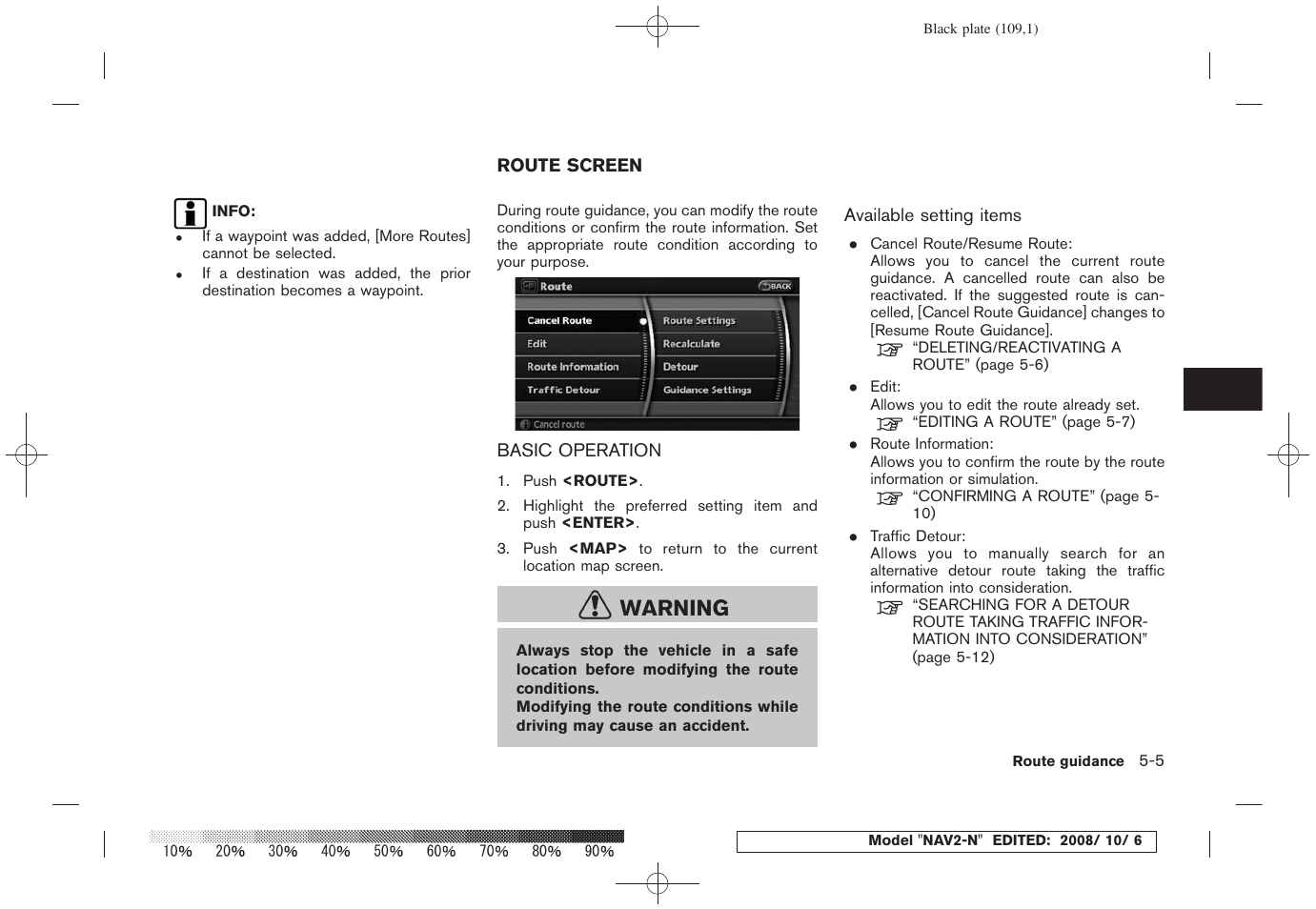 Route screen -5, Basic operation -5, Warning | NISSAN 2009 Murano User Manual | Page 107 / 264