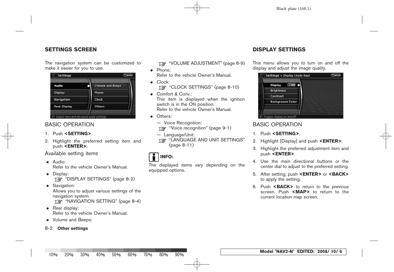 Settings screen -2, Basic operation -2, Display settings -2 | NISSAN 2009 Murano User Manual | Page 162 / 264