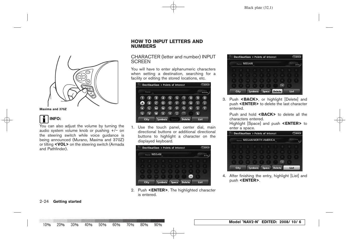 How to input letters and numbers -24, Character (letter and number) input screen -24 | NISSAN 2009 Murano User Manual | Page 30 / 264