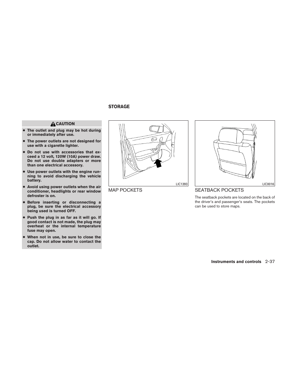 Storage -37, Map pockets -37 seatback pockets -37 | NISSAN 2010 Maxima User Manual | Page 110 / 458