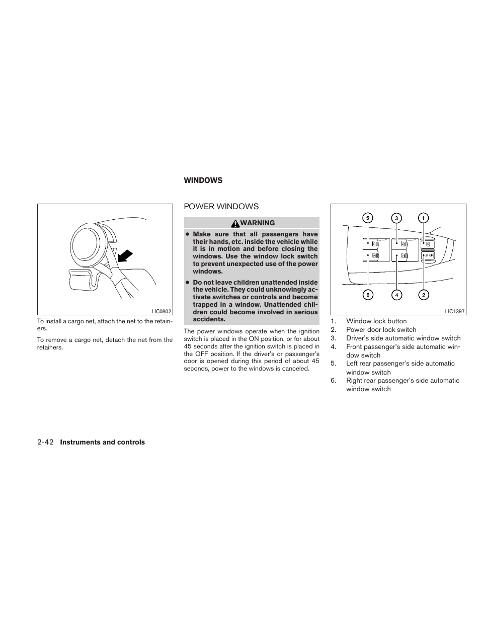 Windows -42, Power windows -42 | NISSAN 2010 Maxima User Manual | Page 115 / 458