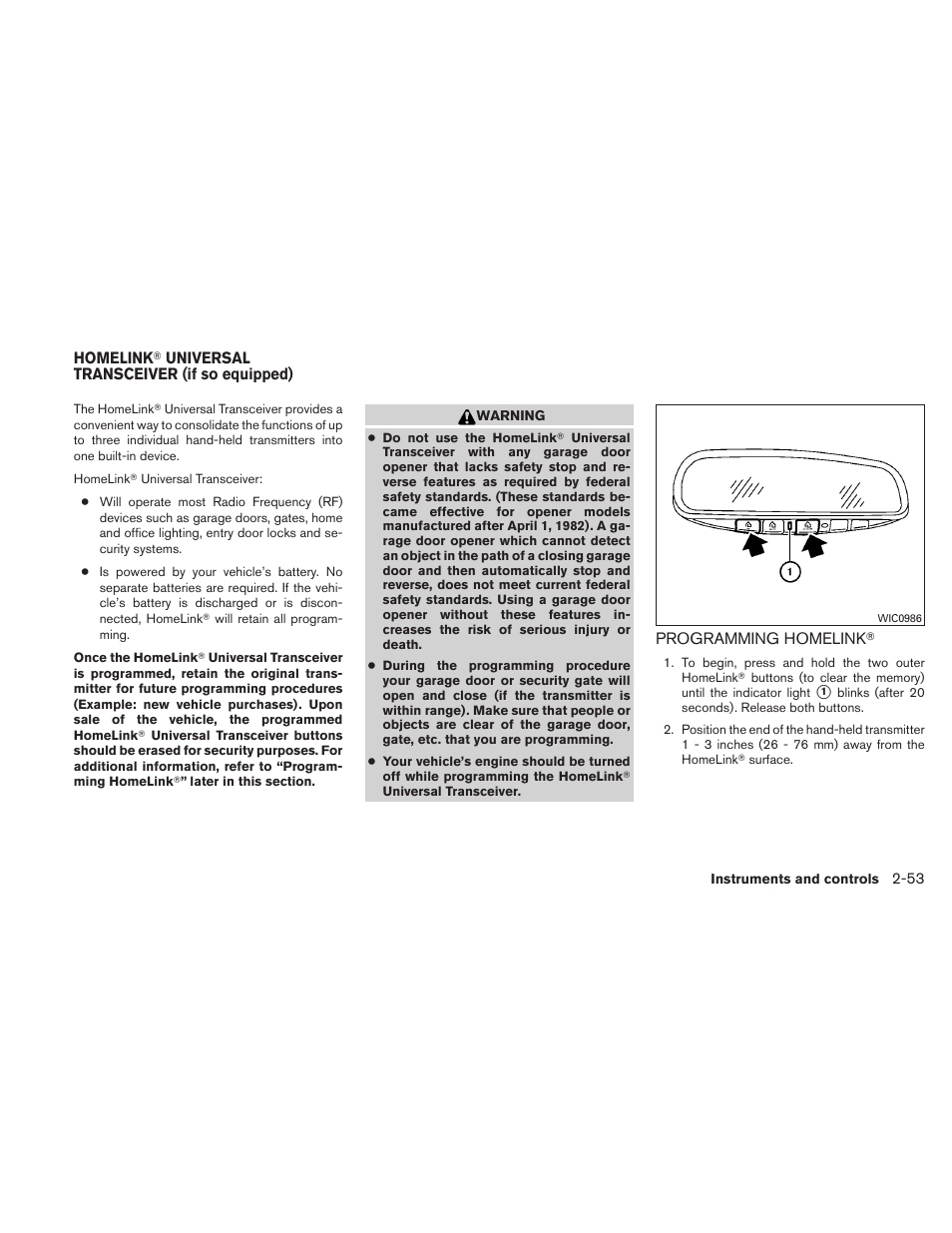 Homelink, Universal transceiver (if so equipped) -53, Programming homelink | NISSAN 2010 Maxima User Manual | Page 126 / 458