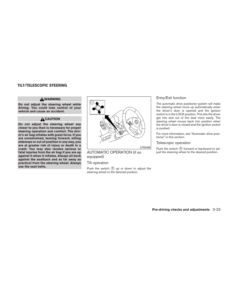 Tilt/telescopic steering -23, Automatic operation (if so equipped) -23 | NISSAN 2010 Maxima User Manual | Page 152 / 458