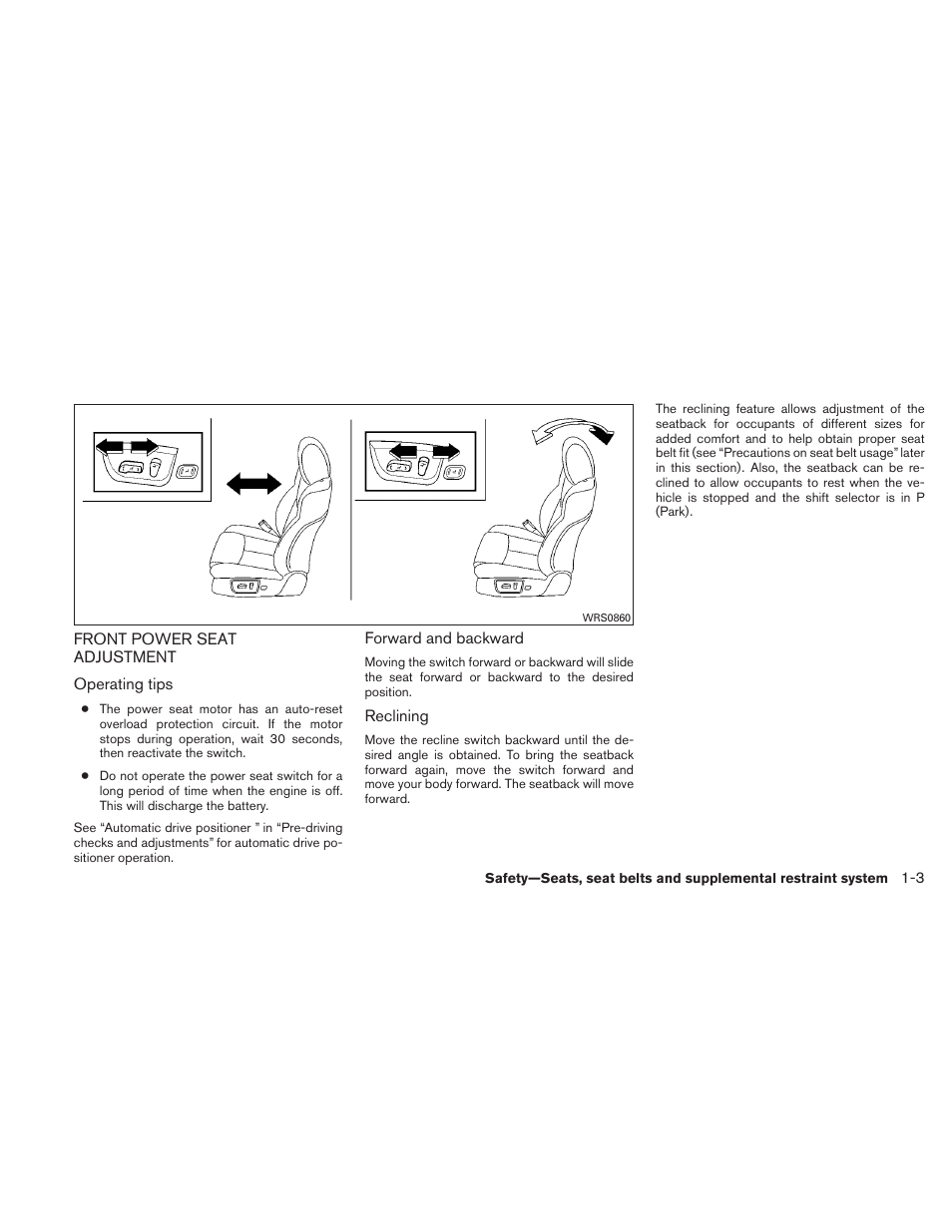 Front power seat adjustment -3 | NISSAN 2010 Maxima User Manual | Page 20 / 458