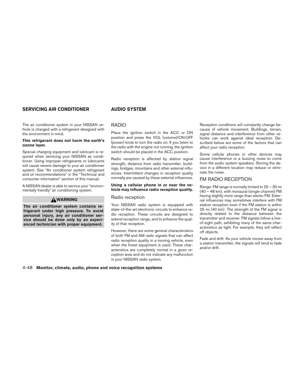 Servicing air conditioner -48 audio system -48, Radio -48 fm radio reception -48 | NISSAN 2010 Maxima User Manual | Page 209 / 458