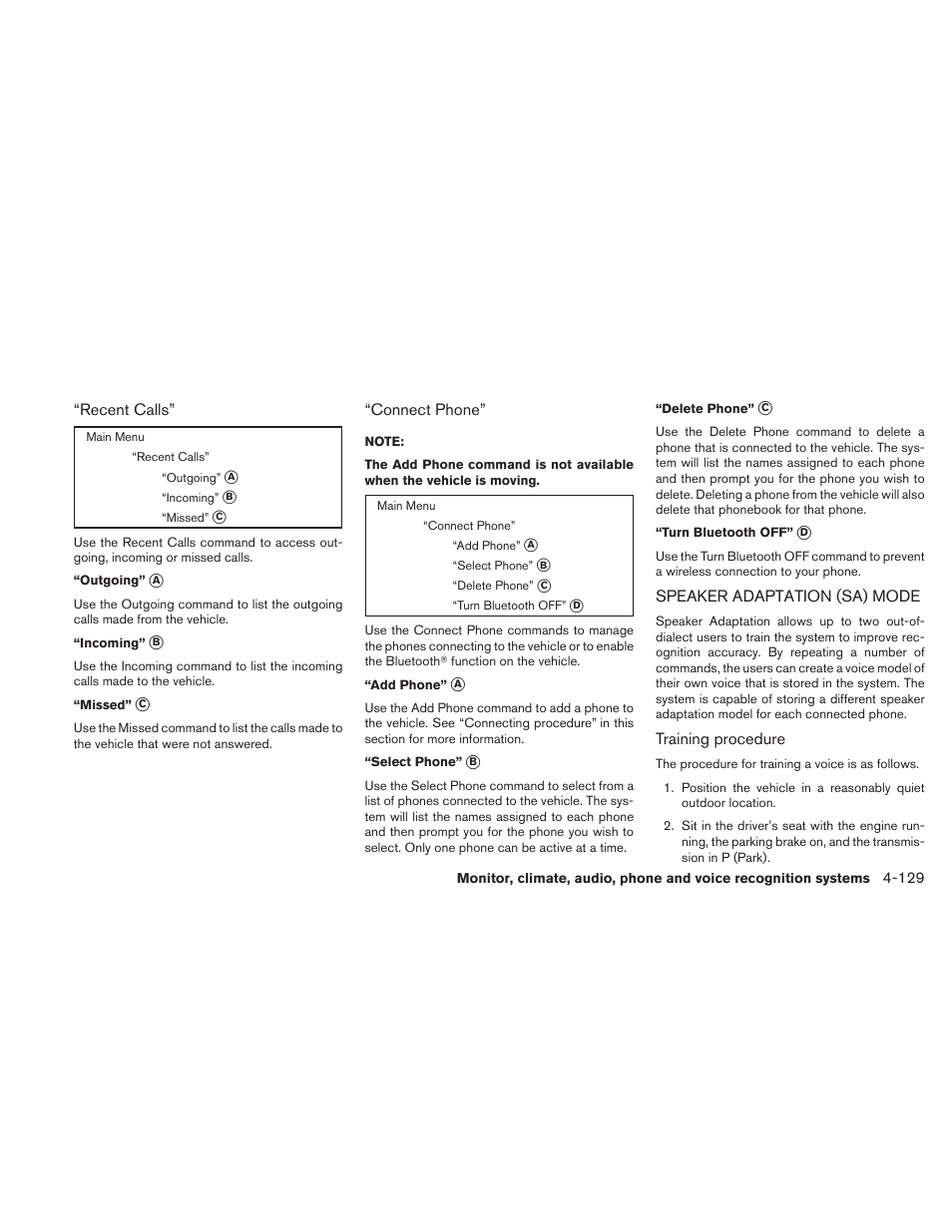 Speaker adaptation (sa) mode -129 | NISSAN 2010 Maxima User Manual | Page 290 / 458