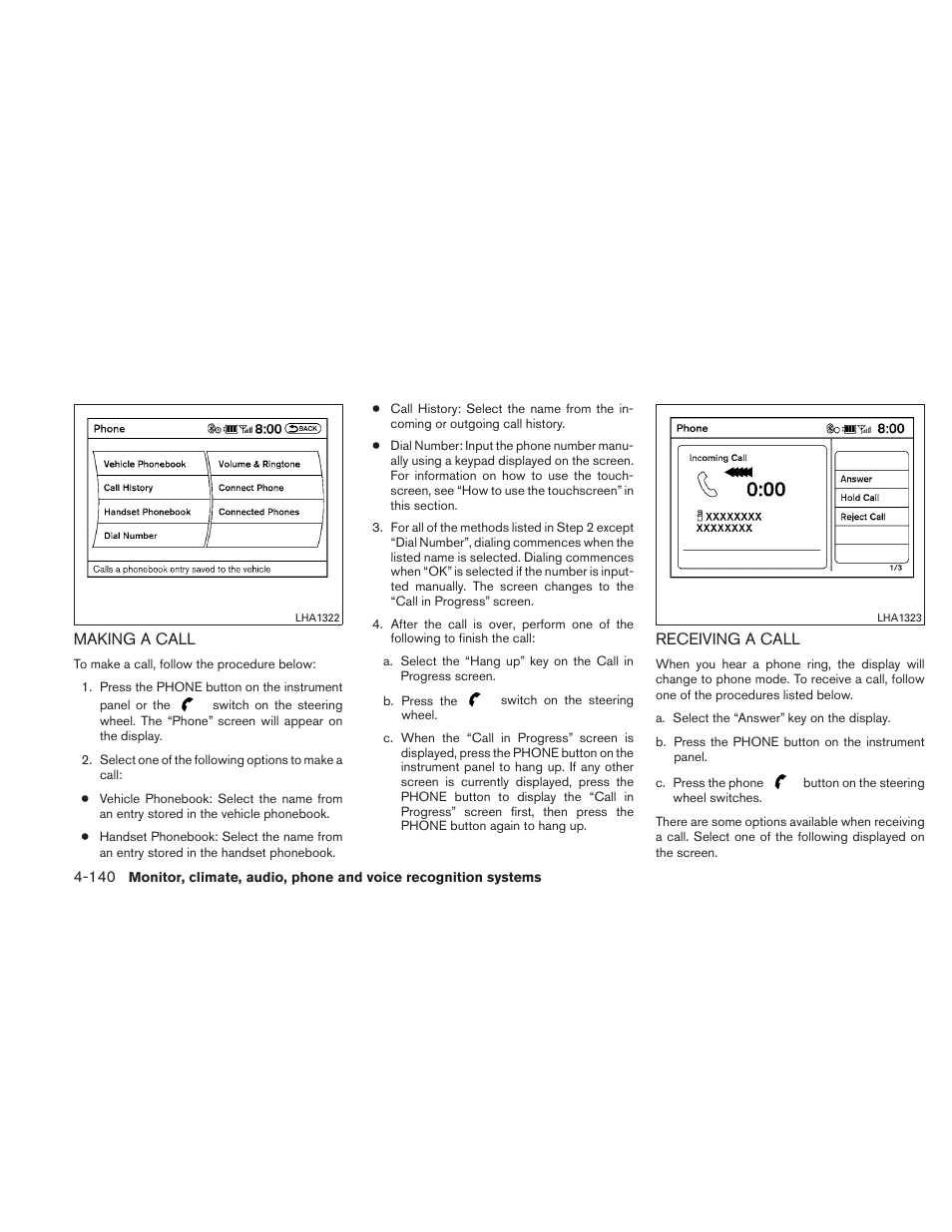 Making a call -140 receiving a call -140 | NISSAN 2010 Maxima User Manual | Page 301 / 458