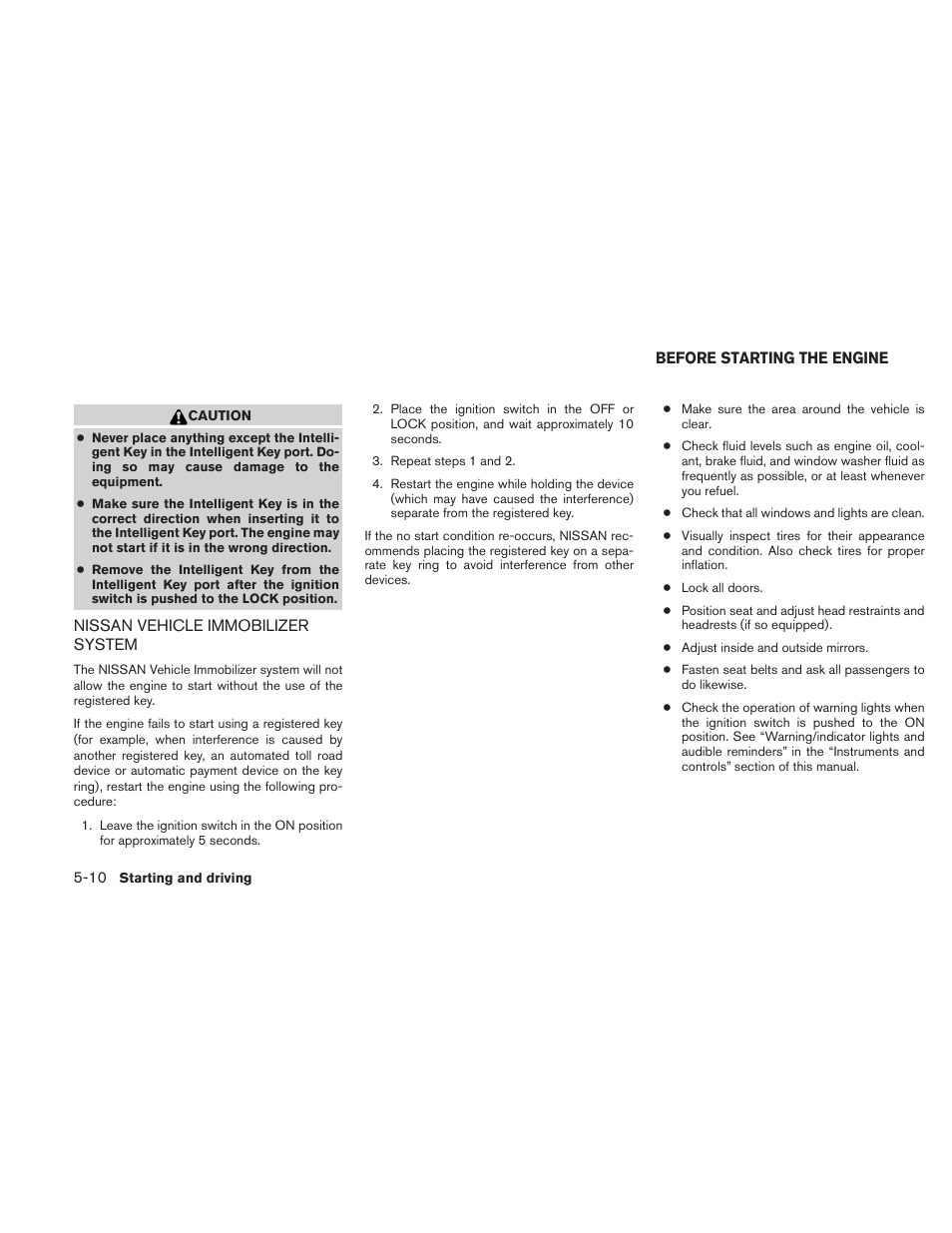 Nissan vehicle immobilizer system -10, Before starting the engine -10 | NISSAN 2010 Maxima User Manual | Page 339 / 458