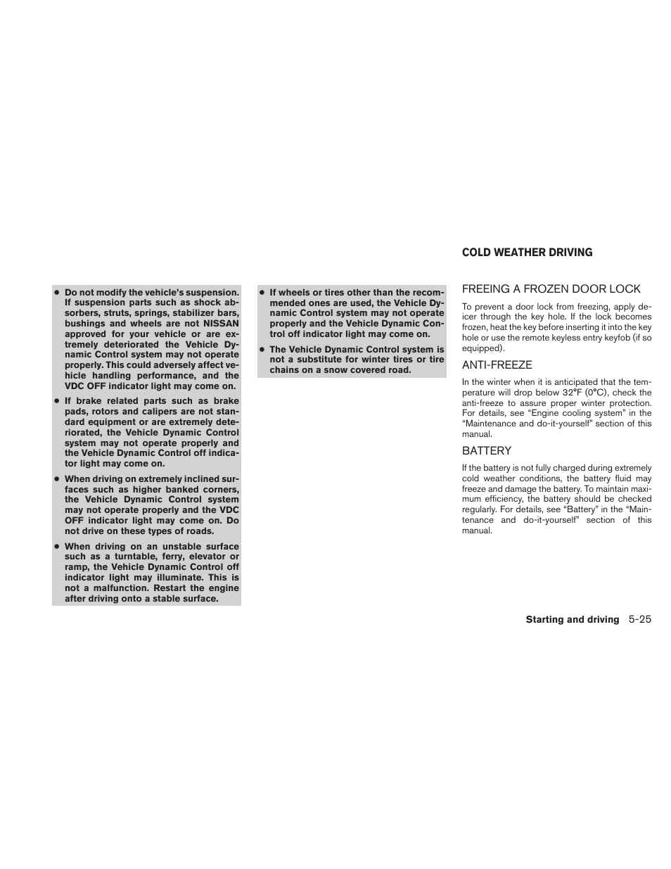 Cold weather driving -25 | NISSAN 2010 Maxima User Manual | Page 354 / 458