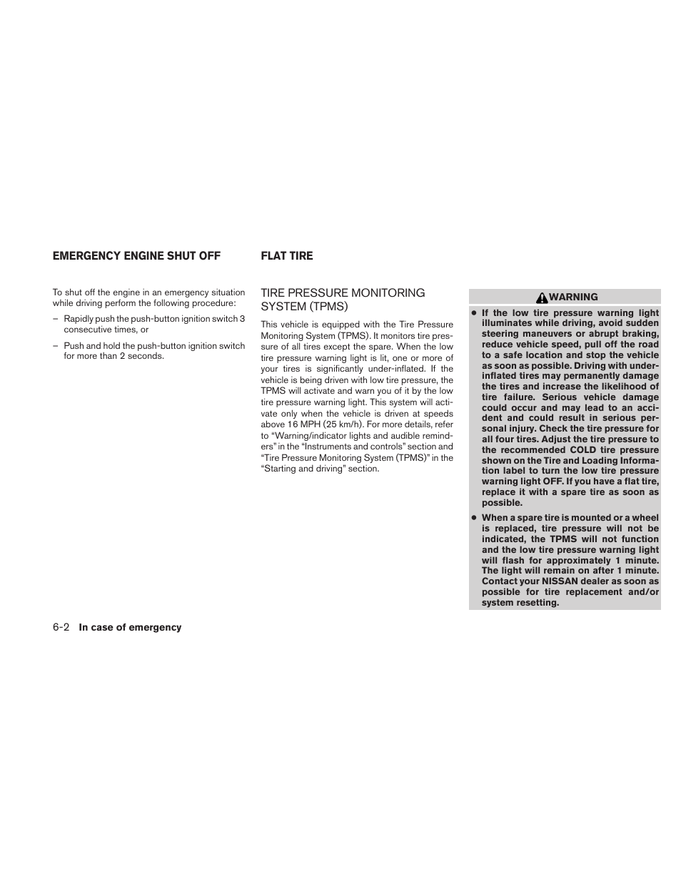 Emergency engine shut off -2 flat tire -2, Tire pressure monitoring system (tpms) -2 | NISSAN 2010 Maxima User Manual | Page 359 / 458
